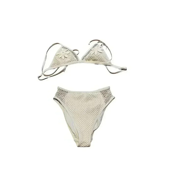 NEW Robin Piccone Pua Cream Crochet Triangle High Waisted Bikini Size Large - Picture 8 of 16